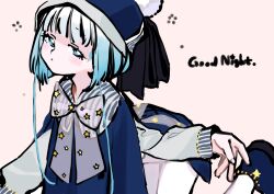 Rule 34 | 1girl, absurdres, arm up, blue eyes, blue hair, bow, bowtie, bright pupils, english text, gradient hair, half-closed eyes, highres, kaede (shijie heping), long sleeves, multicolored hair, original, pajamas, parted lips, print bow, print bowtie, short hair, sideways glance, simple background, sketch, solo, star (symbol), star print, striped, white background, white hair, white pupils