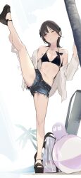 Rule 34 | 1girl, ama mitsuki, bag, ball, beachball, bikini, black bikini, black footwear, black hair, blue shorts, breasts, brown eyes, commentary, denim, denim shorts, full body, highres, leg up, legs, looking to the side, navel, one eye closed, open clothes, open shirt, original, palm tree, sandals, shirt, short hair, shorts, simple background, small breasts, solo, standing, standing on one leg, swimsuit, tree, white background, white shirt
