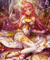Rule 34 | 10s, 1girl, ankle ribbon, armor, armored dress, bare shoulders, breasts, cleavage, cleavage cutout, clothing cutout, cross-laced footwear, crown, detached sleeves, dress, gloves, hairband, leg ribbon, lm7 (op-center), long hair, looking at viewer, outdoors, pink hair, pointy ears, purple eyes, ribbon, shadowverse, shingeki no bahamut, sitting, smile, solo, swept bangs, thighhighs, white dress, white gloves, white thighhighs, yokozuwari