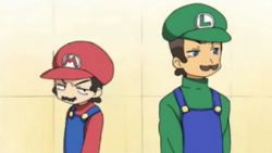 Rule 34 | 2boys, blouse, blue eyes, blue overalls, brothers, brown hair, buttons, clothes writing, expressionless, facial hair, green shirt, looking at viewer, looking away, looking to the side, lowres, lucky star, luigi, male focus, mario, mario (series), multiple boys, mustache, nintendo, overalls, parody, red shirt, shirt, siblings, super smash bros., third-party edit, upper body