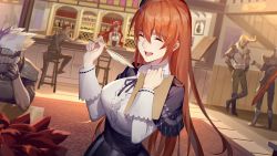 Rule 34 | absurdres, blurry, blurry background, closed eyes, fingerless gloves, gloves, highres, long hair, multiple boys, multiple girls, open mouth, quill, red hair, rekaerb maerd, romantic saga of beauty &amp; devil, sitting, solo focus, standing, waitress, weapon