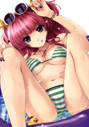 Rule 34 | 1girl, :q, absurdres, bikini, bracelet, breasts, cleavage, fingernails, highres, jewelry, legs, long fingernails, long hair, long legs, misaki kurehito, nail art, nail polish, original, pink hair, purple eyes, purple hair, purple nails, solo, spread legs, string bikini, striped bikini, striped clothes, sunglasses, swimsuit, tongue, tongue out, twintails, underboob, wading pool, wet