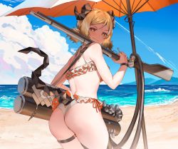 Rule 34 | 1girl, arknights, back, beach, bikini, black shirt, blonde hair, blouse, bracelet, clothing cutout, demon girl, fang, feathers, flamethrower, formal, holding, holding weapon, horns, ifrit (arknights), jewelry, looking at viewer, looking back, nail polish, ocean, orange eyes, orange nails, originium (arknights), rhine lab logo, shirt, smile, solo, suit, swimsuit, tail, tail through clothes, thigh strap, thighs, twintails, umbrella, weapon, white bikini