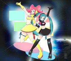 Rule 34 | 2girls, :d, arm up, artist logo, artist name, black gloves, black shirt, blue eyes, boots, commentary, company connection, crop top, crossover, earth (planet), elbow gloves, energy gun, gloves, grin, hatsune miku, headset, high collar, highres, holding, holding microphone, holster, knee boots, long hair, looking at viewer, matching outfits, microphone, midriff, miniskirt, multiple girls, navel, neon trim, onac911, open mouth, pink lips, planet, platform footwear, print shirt, ray gun, shirt, signature, skirt, sleeveless, smile, space, space channel 5, split mouth, standing, standing on one leg, thigh boots, thigh holster, thigh strap, thighhighs, twintails, ulala, very long hair, vocaloid, weapon, yellow footwear, yellow gloves, zettai ryouiki