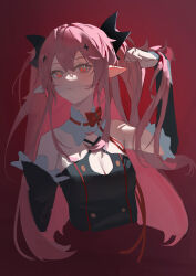 Rule 34 | 1girl, absurdres, alternate breast size, bare shoulders, black dress, blush, breasts, cleavage, cleavage cutout, clothing cutout, detached sleeves, dress, gradient background, hair between eyes, highres, krul tepes, long hair, medium breasts, owari no seraph, pink hair, pointy ears, red background, red eyes, rosehip t72, simple background, sketch, solo, upper body, very long hair