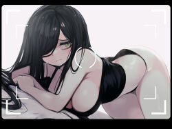 Rule 34 | 1girl, aria wintermint, ass, black hair, black panties, blush, breasts, cleavage, commentary, crop top, english commentary, goth fashion, green eyes, hair over one eye, hanging breasts, large breasts, long hair, nervous, original, panties, parororo, shy, simple background, sweat, sweatdrop, tank top, teeth, thick thighs, thighs, top-down bottom-up, underwear, white background