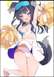 Rule 34 | 1girl, animal ears, bare shoulders, blue archive, blush, breasts, caburi, cheerleader, cleavage, dog ears, dog girl, dog tail, eyewear on head, goggles, goggles on head, halo, hibiki (blue archive), hibiki (cheer squad) (blue archive), highres, holding, holding pom poms, long hair, looking at viewer, medium breasts, millennium cheerleader outfit (blue archive), navel, open mouth, pom pom (cheerleading), pom poms, solo, sticker on arm, sticker on face, tail