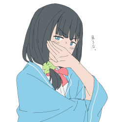 Rule 34 | 1girl, aqua eyes, black hair, blanket, blush, bow, bowtie, coronavirus pandemic, covering own mouth, embarrassed, gridman universe, hassu, highres, long hair, looking at viewer, low tied hair, onsen tamago (hs egg), red bow, red bowtie, school uniform, scrunchie, solo, ssss.gridman, sweat, translated, white background