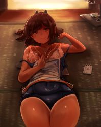 Rule 34 | 10s, 1girl, absurdres, bad id, bad nijie id, breasts, brown eyes, brown hair, firebeat (foxtrot), foxtrot, hair ornament, hairclip, hand fan, highres, i-401 (kancolle), kantai collection, lactation, long hair, lying, milk, name tag, nipples, notepad, on back, one-piece swimsuit, one-piece tan, ponytail, sailor collar, school swimsuit, short ponytail, small breasts, solo, strap slip, swimsuit, swimsuit under clothes, tan, tanline, tatami, undressing