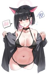 Rule 34 | 1girl, animal ears, bikini, black bikini, black choker, black hair, black jacket, blue archive, blunt ends, breasts, breasts apart, cat ears, choker, collarbone, colored inner hair, cropped legs, extra ears, groin, halo, highres, horn/wood, jacket, kazusa (blue archive), looking at viewer, medium breasts, multicolored hair, navel, open clothes, open jacket, pink hair, short hair, simple background, solo, spoken blush, squiggle, stomach, swimsuit, two-tone hair, white background