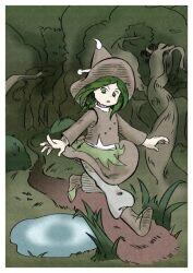 Rule 34 | 1other, :o, amanomori shou, androgynous, antennae, boots, border, bright pupils, brown footwear, brown hat, brown skirt, brown sleeves, brown vest, chikafumikou, circle skirt, commentary request, forest, full body, grass, green eyes, green hair, grey pants, hat, len&#039;en, long sleeves, looking at viewer, medium hair, miniskirt, nature, other focus, outdoors, pants, parted lips, path, puddle, road, running, shirt, skirt, skirt set, solo, turtleneck, turtleneck shirt, vest, white border, white pupils, white shirt