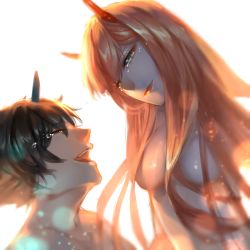Rule 34 | 10s, 1boy, 1girl, absurdres, backlighting, black hair, blue horns, breasts, closed eyes, commentary, couple, crying, crying with eyes open, darling in the franxx, green eyes, hair over breasts, hetero, highres, hiro (darling in the franxx), horns, long hair, looking at another, medium breasts, noble860531, nude, oni horns, pink hair, red horns, shiny skin, short hair, tears, zero two (darling in the franxx)