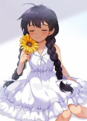 Rule 34 | 1girl, alternate hairstyle, antenna hair, arm ribbon, bare shoulders, black hair, blurry, blush, bow, bowtie, braid, breasts, closed eyes, closed mouth, collarbone, commentary request, depth of field, dot nose, dress, flower, ganaha hibiki, hair bow, hair ribbon, hand up, hiiringu, holding, holding flower, idolmaster, idolmaster (classic), idolmaster million live!, idolmaster million live! theater days, long hair, medium breasts, ribbon, simple background, sitting, sleeveless, sleeveless dress, smile, solo, sunflower, twin braids, white background, white bow, white bowtie, white dress, white ribbon