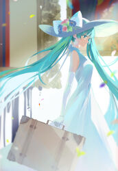 Rule 34 | 1girl, absurdres, aqua eyes, aqua hair, bare shoulders, blurry, blurry background, bow, breasts, closed mouth, depth of field, dress, elbow gloves, floating hair, flower, from side, gloves, hat, hat bow, hat flower, hatsune miku, highres, holding, long dress, long hair, maguri rei, petals, profile, red flower, rose, sleeveless, sleeveless dress, solo, standing, suitcase, sun hat, twintails, very long hair, vocaloid, white bow, white dress, white gloves, white hat