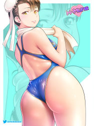 Rule 34 | 1girl, artist name, ass, blue one-piece swimsuit, brown eyes, brown hair, bun cover, capcom, chun-li, competition swimsuit, cowboy shot, double bun, etchimune, from behind, hair bun, looking at viewer, one-piece swimsuit, parted lips, short hair, smile, solo, street fighter, swimsuit, towel, towel around neck, twitter username, zoom layer