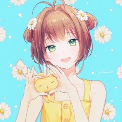 Rule 34 | 1girl, :d, antenna hair, bare shoulders, blue background, brown hair, cardcaptor sakura, collarbone, daisy, dress, flat chest, floral background, flower, gomzi, green eyes, hair flower, hair intakes, hair ornament, hands up, head tilt, heart, heart hands, kero (cardcaptor sakura), kinomoto sakura, light blush, looking at viewer, open mouth, short hair, signature, simple background, smile, solo, two side up, upper body, white flower, yellow dress