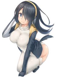 Rule 34 | 10s, 1girl, ass, black hair, blue eyes, breasts, emperor penguin (kemono friends), from above, full body, gloves, hair over one eye, headphones, highres, hood, hood down, hooded jacket, impossible clothes, impossible leotard, jacket, kemono friends, large breasts, leotard, long hair, long sleeves, looking at viewer, reinama, shoes, simple background, solo, squatting, tail, thighhighs, turtleneck, white background, white leotard, white thighhighs