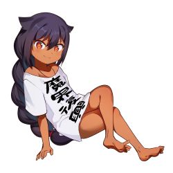 Rule 34 | &gt;:), 1girl, bare legs, barefoot, black hair, braid, clothes writing, commentary request, dark-skinned female, dark skin, artistic error, fang, fang out, female focus, full body, hair between eyes, hair flaps, highres, jahy, jahy-sama wa kujikenai!, jewelry, konbu wakame, long hair, looking at viewer, naked shirt, necklace, off shoulder, red eyes, shirt, sidelocks, solo, t-shirt, v-shaped eyebrows, very long hair, white background, wrong foot