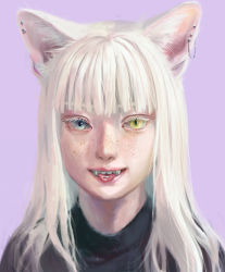 Rule 34 | 1girl, :p, animal ears, blue eyes, blunt bangs, cat ears, commentary request, ear piercing, fangs, freckles, heterochromia, looking at viewer, original, piercing, portrait, purple background, simple background, slit pupils, smile, solo, tongue, tongue out, tunapon01, white hair, yellow eyes