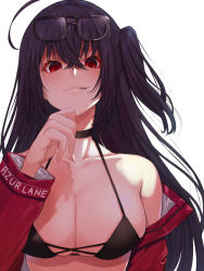 Rule 34 | 1girl, ahoge, azur lane, bikini, black bikini, black choker, black hair, breasts, choker, cleavage, crossed bangs, eyewear on head, highres, jacket, large breasts, long hair, looking at viewer, mikan (chipstar182), off-shoulder jacket, off shoulder, official alternate costume, one side up, open clothes, open jacket, red eyes, red jacket, simple background, smile, solo, sunglasses, swimsuit, taihou (azur lane), taihou (enraptured companion) (azur lane), tongue, tongue out