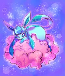 Rule 34 | absurdres, animal focus, blue eyes, blue hair, blush, cloud, creatures (company), flufflixx, game freak, gen 4 pokemon, glaceon, highres, looking at viewer, lying, nintendo, no humans, pokemon, sidelocks, solo