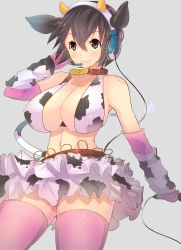 Rule 34 | 10s, 1girl, absurdres, animal ears, animal print, bare shoulders, bell, belt, bikini, bikini top only, black hair, breasts, brown eyes, cleavage, collar, cow ears, cow horns, cow print, cowbell, detached sleeves, elbow gloves, frilled skirt, frills, gloves, headphones, headset, highres, horns, huge breasts, idolmaster, idolmaster cinderella girls, magister, microphone, narrow waist, neck bell, oikawa shizuku, open mouth, pink gloves, pink thighhighs, sideboob, skirt, solo, swimsuit, thighhighs, zettai ryouiki