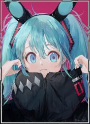 Rule 34 | 1girl, absurdres, ahoge, animal ears, blue eyes, blue hair, blue nails, border, closed mouth, earrings, fake animal ears, happy birthday, hatsune miku, high collar, highres, jewelry, long hair, long sleeves, looking at viewer, mile (mil2), nail polish, pink background, portrait, rabbit ears, simple background, smile, solo, twintails, vocaloid, zipper pull tab