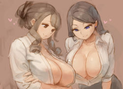 Rule 34 | 2girls, blue eyes, breasts, brown background, brown eyes, brown hair, cleavage, commentary request, drill hair, earrings, flag, heart, huge breasts, jewelry, kazo (kazozakazo), long hair, looking down, multiple girls, open clothes, open shirt, original, simple background, smile, teacher, white flag