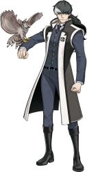Rule 34 | 1boy, ace attorney, belt, bird, black footwear, black hair, black necktie, black pants, boots, coat, feathers, full body, fuse takuro, hawk, highres, knee boots, long hair, looking at viewer, male focus, mouth hold, multicolored hair, necktie, official art, pants, phoenix wright: ace attorney - spirit of justice, ponytail, simon blackquill, solo, standing, streaked hair, taka (ace attorney), transparent background, two-tone hair, white hair
