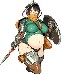 Rule 34 | 1girl, armor, belly, breasts, brown hair, clothing cutout, glasses, helmet, highres, large breasts, mole, navel, nisetanaka, original, plump, red-framed eyewear, shield, short hair, solo, stomach cutout, sword, thick thighs, thighhighs, thighs, weapon, white background, yellow eyes, zettai ryouiki