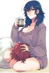 Rule 34 | 1boy, 1girl, bachi (bachoo), blue eyes, blue hair, breasts, brown hair, byleth (female) (fire emblem), byleth (fire emblem), cleavage, couple, cup, fire emblem, fire emblem: three houses, hand on another&#039;s head, hetero, holding, holding cup, kneeling, lap pillow, large breasts, long hair, nintendo, purple sweater, shirt, signature, sleeves past wrists, sweater, sylvain jose gautier, white background, white shirt