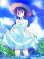 Rule 34 | 1girl, blue eyes, braid, breasts, choker, clothes lift, cloud, dress, dress lift, female focus, hair ribbon, hat, lingerie, mekarauroko, negligee, original, outdoors, panties, pantyshot, partially submerged, plant, ribbon, see-through, sky, small breasts, solo, standing, underwear, water
