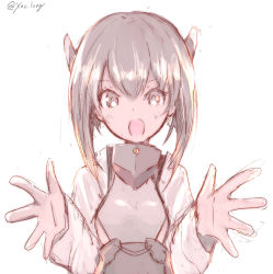 Rule 34 | 1girl, absurdres, chest armor, chicken99, collar, commentary request, flat chest, greyscale, hair between eyes, headband, headgear, highres, kantai collection, looking at viewer, metal collar, monochrome, one-hour drawing challenge, open mouth, short hair, simple background, smile, solo, taihou (kancolle), twitter username, upper body, white background