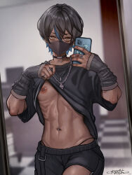 Rule 34 | 1boy, arm warmers, black choker, black shirt, blue hair, choker, clothes lift, commentary request, dark-skinned male, dark skin, earrings, holding, holding phone, jewelry, looking at mirror, looking at viewer, male focus, mask, mirror, mouth mask, multicolored hair, navel piercing, nipple piercing, original, pectorals, phone, piercing, reflection, rokuzukeita, selfie, shirt, shirt lift, short hair, shorts, signature, solo, streaked hair, toned, toned male, two-tone hair, upper body, yellow eyes