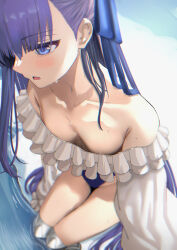 Rule 34 | 1girl, bare shoulders, blue eyes, blue one-piece swimsuit, blue ribbon, blush, breasts, choker, cleavage, collarbone, fate/grand order, fate (series), frilled one-piece swimsuit, frills, hair ribbon, highleg, highleg swimsuit, kesoshirou, long hair, long sleeves, meltryllis, meltryllis (fate), meltryllis (swimsuit lancer) (fate), meltryllis (swimsuit lancer) (second ascension) (fate), off-shoulder one-piece swimsuit, off shoulder, one-piece swimsuit, open mouth, prosthesis, prosthetic leg, puffy sleeves, purple hair, ribbon, sleeves past fingers, sleeves past wrists, small breasts, solo, swimsuit, thighs, very long hair, water, wet