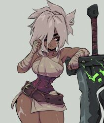 1girl absurdres alternate_skin_color bandaged_hand bandages bare_shoulders belt brown_belt contrapposto corset cowboy_shot dark-skinned_female dark_skin doobermcgoober greatsword hair_between_eyes highres league_of_legends muscular muscular_female one_eye_closed riven_(league_of_legends) solo standing sword weapon