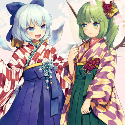 Rule 34 | 2girls, alternate costume, blue bow, blue eyes, blue hair, bow, cirno, closed mouth, commentary request, daiyousei, fairy wings, fang, green eyes, green hair, hair bow, hair ornament, hakama, hakama skirt, ice, ice wings, japanese clothes, kanzashi, kimono, long sleeves, looking at another, medium hair, multiple girls, obi, open mouth, sash, short hair, side ponytail, sidelocks, skirt, smile, standing, tomobe kinuko, touhou, wide sleeves, wings