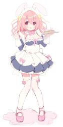 Rule 34 | 1girl, :d, animal ears, apron, black dress, blush, bow, breasts, cleavage, commentary request, dress, full body, hair between eyes, hair ribbon, holding, holding plate, long hair, long sleeves, maid, maid headdress, medium breasts, open mouth, original, pink bow, pink footwear, pink hair, plate, pleated dress, rabbit ears, red eyes, ribbon, ribbon-trimmed clothes, ribbon trim, shoes, sleeves past wrists, smile, solo, standing, thighhighs, usashiro mani, white apron, white thighhighs, yellow ribbon