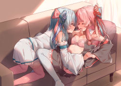 Rule 34 | 2girls, absurdres, blue hair, blush, bra, breasts, couch, detached sleeves, closed eyes, hair ornament, highres, holding hands, incest, interlocked fingers, kotonoha akane, kotonoha aoi, long hair, looking at another, masanaga (tsukasa), multiple girls, nipples, on couch, pink bra, pink eyes, pink hair, pink legwear, shirt, siblings, sisters, skirt, small breasts, thighhighs, underwear, voiceroid, white legwear, white shirt, white skirt, yuri