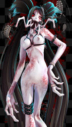 Rule 34 | 1girl, aqua hair, belt, blood, bracelet, breasts, calne ca (deino), clitoris piercing, commentary request, contrapposto, creepy, deino (deino3330), emaciated, hand on own hip, highres, horror (theme), jewelry, long hair, looking at viewer, medium breasts, monster girl, necklace, nipple piercing, nipples, nude, one eye closed, open mouth, oversized limbs, pale skin, piercing, pussy piercing, red eyes, solo, standing, very long hair, vocaloid
