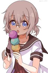 Rule 34 | 1girl, :o, blue eyes, blush, brown sailor collar, collarbone, commentary, dress, food, glasses, grey hair, hair between eyes, highres, holding, holding food, ice cream, ikeda chitose, looking at viewer, nanamori school uniform, nnn yryr, open mouth, pleated dress, red dress, sailor collar, school uniform, shirt, short hair, simple background, solo, symbol-only commentary, twitter username, upper body, white background, white shirt, yuru yuri