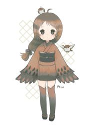 Rule 34 | 1girl, ahoge, animal, animal on head, arms at sides, ayu (mog), bird, bird on head, blush stickers, bow, brown hair, brown kimono, brown thighhighs, frown, full body, geta, hair bow, hat, highres, japanese clothes, kimono, long hair, long sleeves, looking at viewer, low-tied long hair, obi, on head, original, sash, short kimono, sidelocks, solo, standing, thighhighs, winged arms, wings, zettai ryouiki