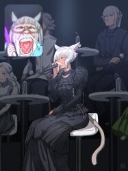 Rule 34 | 2boys, 3girls, :&gt;, absurdres, alternate costume, animal ears, artemi lunavorsa, black dress, bottle, cat ears, closed eyes, closed mouth, coat, contemporary, crying, dark-skinned female, dark skin, dress, drinking straw, drooling, earrings, elezen, elf, estinien varlineau, excited, facial hair, facial mark, fan screaming at madison beer (meme), final fantasy, final fantasy xiv, glasses, glowstick, grey hair, half-closed eyes, hand rest, hand up, hashtag-only commentary, highres, hjz (artemi), holding, holding glowstick, holding microphone, inset, jewelry, long hair, long sleeves, meme, microphone, miqo&#039;te, multiple boys, multiple girls, music, neck tattoo, necktie, on stool, open mouth, pants, pointy ears, screaming, semi-rimless eyewear, short hair, singing, sitting, skirt, smile, snot, stool, streaming tears, table, tattoo, tears, under-rim eyewear, urianger augurelt, venat (ff14), wariza, warrior of light (ff14), whisker markings, y&#039;shtola rhul