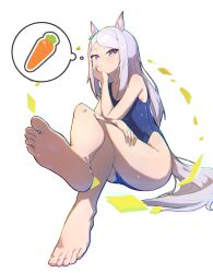 Rule 34 | 1girl, absurdres, animal ears, barefoot, bow, carrot, closed mouth, feet, foot focus, full body, green bow, hair bow, highres, horse ears, horse girl, horse tail, invisible chair, knees together feet apart, legs, long hair, looking at viewer, mejiro mcqueen (umamusume), one-piece swimsuit, oukafafafa, purple eyes, purple hair, simple background, sitting, soles, solo, swimsuit, tail, thought bubble, toes, umamusume, white background
