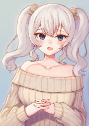 Rule 34 | 1girl, alternate costume, bare shoulders, blue eyes, collarbone, commentary request, grey background, grey hair, highres, kantai collection, kashima (kancolle), off-shoulder sweater, off shoulder, own hands clasped, own hands together, ribbed sweater, sidelocks, silica (silica silylate), solo, sweater, twintails, upper body, wavy hair, white sweater