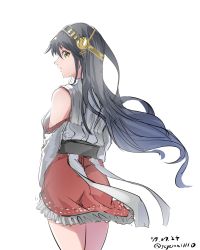 Rule 34 | 1girl, absurdres, bare shoulders, black hair, commentary request, cowboy shot, dated, detached sleeves, from behind, gegeron, hair ornament, hairclip, haruna (kancolle), headgear, highres, kantai collection, long hair, looking at viewer, nontraditional miko, one-hour drawing challenge, red skirt, simple background, skirt, solo, twitter username, white background