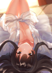 Rule 34 | 1girl, absurdres, arms up, bad id, bad pixiv id, bed, blunt bangs, breasts, brown eyes, brown hair, closed mouth, collarbone, dress shirt, hakurei reimu, highres, kozomezuki, long hair, naked robe, no bra, open clothes, open shirt, robe, shirt, sidelocks, small breasts, solo, stomach, sunlight, thigh gap, touhou, unbuttoned, unbuttoned shirt, upside-down, white shirt, window