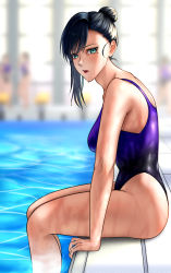 Rule 34 | 3girls, black hair, breasts, competition swimsuit, cowboy shot, hair bun, highleg, highleg swimsuit, highres, kawakubo chinu, large breasts, lips, long hair, looking at viewer, mole, mole under eye, multiple girls, one-piece swimsuit, pool, poolside, re-main, reimei33, single hair bun, sitting, solo focus, swimsuit