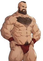 Rule 34 | 1boy, abs, bara, beard, brown hair, bulge, chest hair, dark-skinned male, dark skin, facial hair, feet out of frame, fundoshi, highres, japanese clothes, large pectorals, looking at viewer, male focus, male pubic hair, male underwear, mature male, mohawk, muscular, muscular male, mustache, navel, navel hair, nipples, pectorals, pubic hair, red fundoshi, red male underwear, ryker, scar, scar on arm, short hair, solo, standing, stomach, street fighter, thick thighs, thighs, underwear, underwear only, zangief
