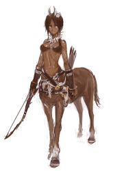 Rule 34 | 1girl, animal ears, arrow (projectile), bad id, bad pixiv id, bare shoulders, bikini, bikini top only, black hair, bow (weapon), breasts, brown eyes, brown hair, centaur, cleavage, dark-skinned female, dark skin, flower, hair flower, hair ornament, hooves, horse ears, jewelry, monster girl, necklace, original, quiver, rhea, short hair, simple background, skull, small breasts, solo, swimsuit, tail, taur, tribal, underboob, vambraces, weapon, white background, z-ton